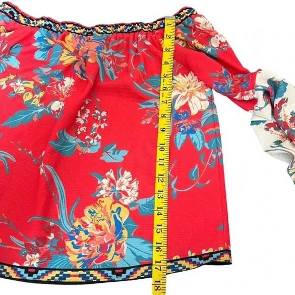 Flying Tomato Red & Cream Boho Off the Shoulder Floral Print Blouse Size Small S - Picture 7 of 10